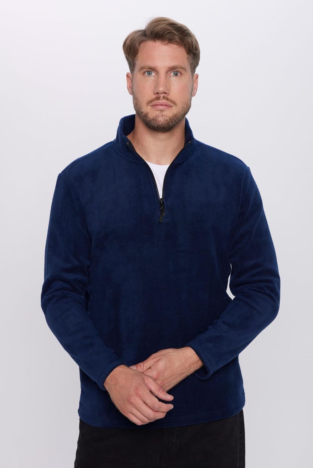 Erkek Standart Fit Rahat Kesim Tüylenme Yapmayan Soğuk Geçirmez Lacivert Dik Yaka Polar Sweatshirt