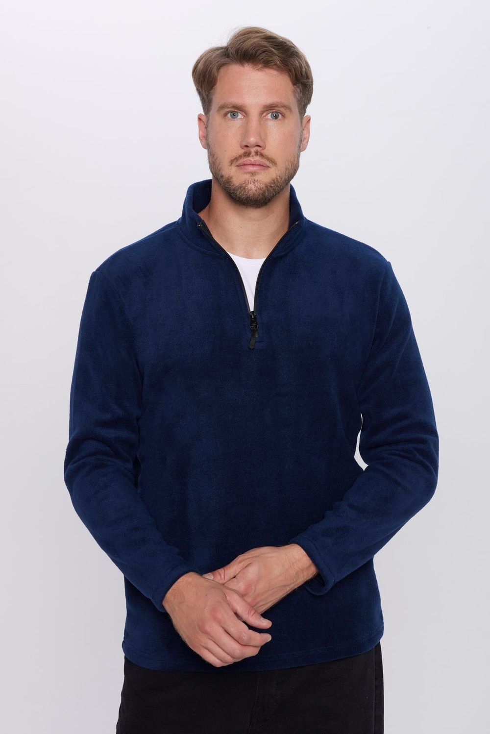 Unisex Standart Fit Rahat Kesim Soğuğa Karşı Dayanıklı Lacivert Dik Yaka Polar Sweatshirt