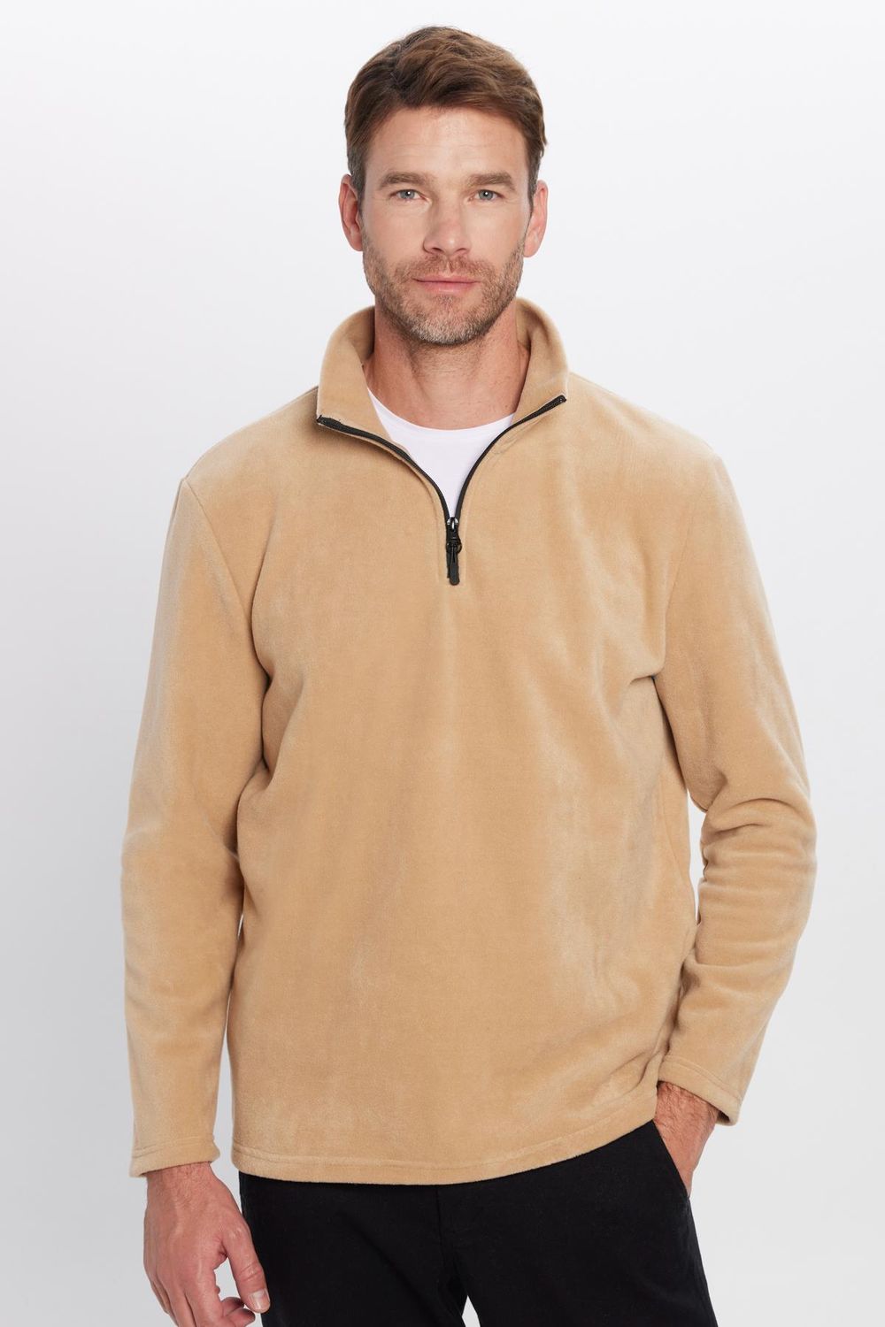 Unisex Standart Fit Rahat Kesim Tüylenme Yapmayan Soğuk Geçirmez Bej Dik Yaka Polar Sweatshirt