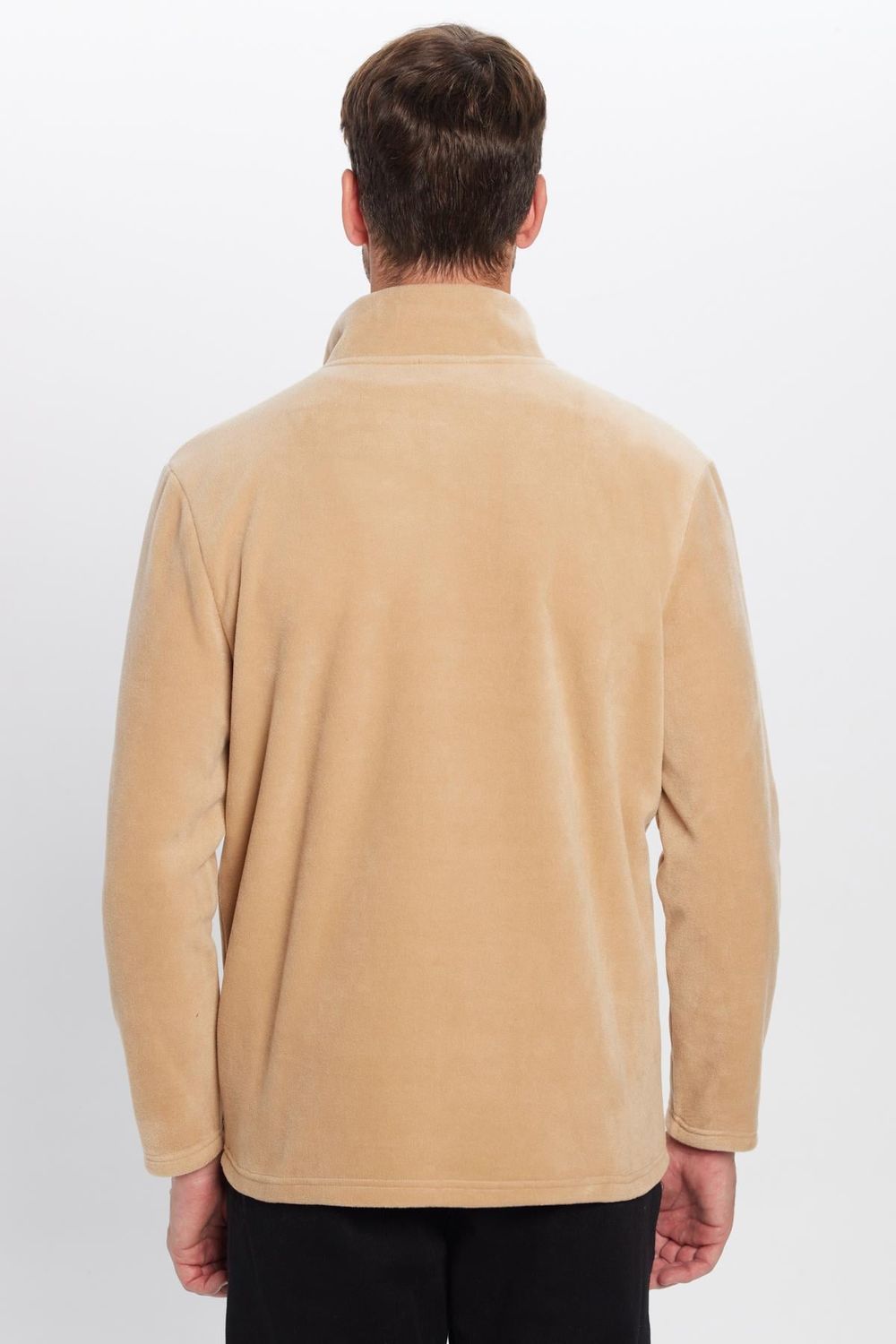 Unisex Standart Fit Rahat Kesim Tüylenme Yapmayan Soğuk Geçirmez Bej Dik Yaka Polar Sweatshirt