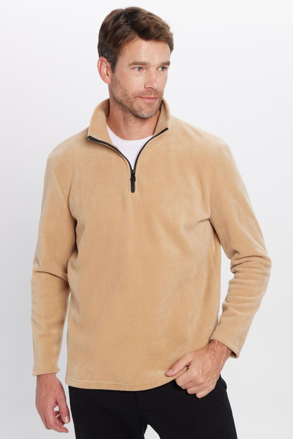 Unisex Standart Fit Rahat Kesim Tüylenme Yapmayan Soğuk Geçirmez Bej Dik Yaka Polar Sweatshirt