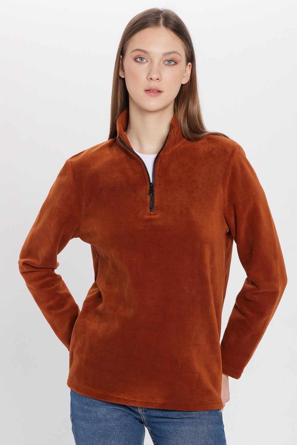 Unisex Standart Fit Rahat Kesim Tüylenme Yapmayan Soğuk Geçirmez Kahverengi Dik Yaka Polar Sweatshirt