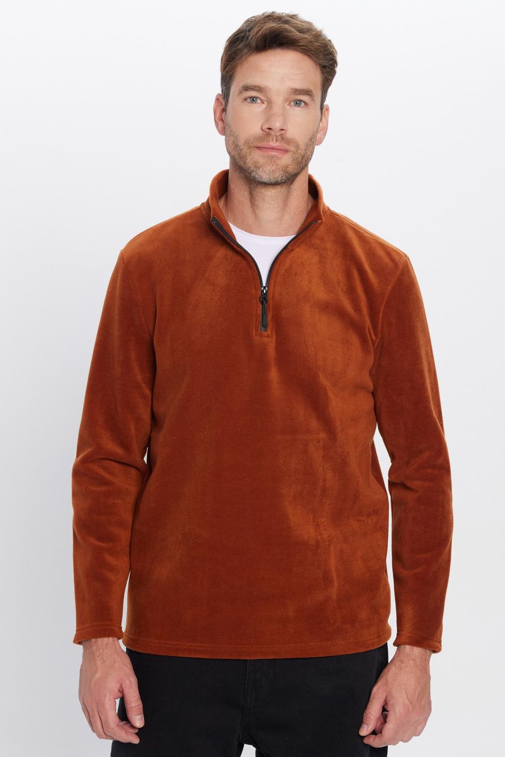 Unisex Standart Fit Rahat Kesim Tüylenme Yapmayan Soğuk Geçirmez Kahverengi Dik Yaka Polar Sweatshirt