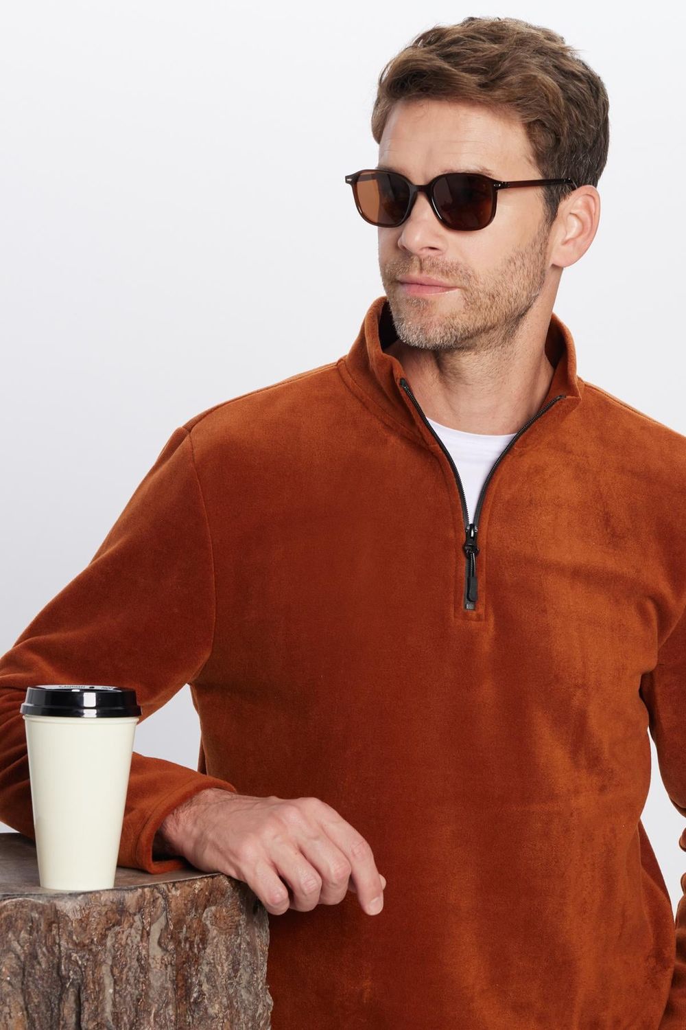 Unisex Standart Fit Rahat Kesim Tüylenme Yapmayan Soğuk Geçirmez Kahverengi Dik Yaka Polar Sweatshirt
