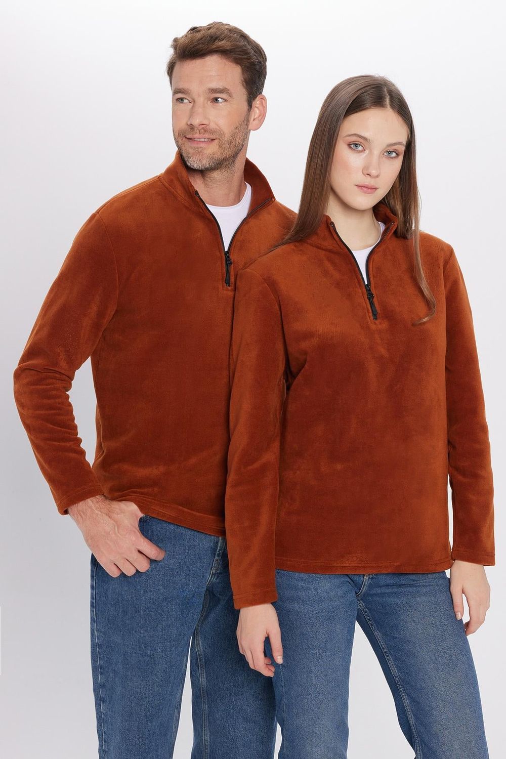 Unisex Standart Fit Rahat Kesim Tüylenme Yapmayan Soğuk Geçirmez Kahverengi Dik Yaka Polar Sweatshirt