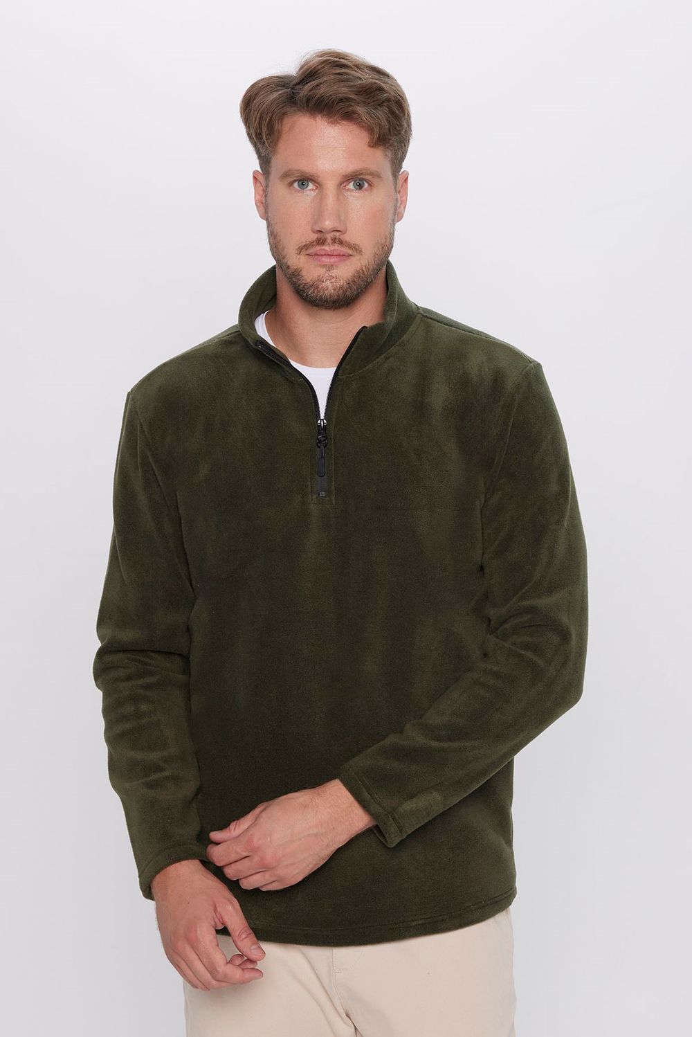Unisex Standart Fit Rahat Kesim Soğuğa Karşı Dayanıklı Koyu Haki Dik Yaka Polar Sweatshirt