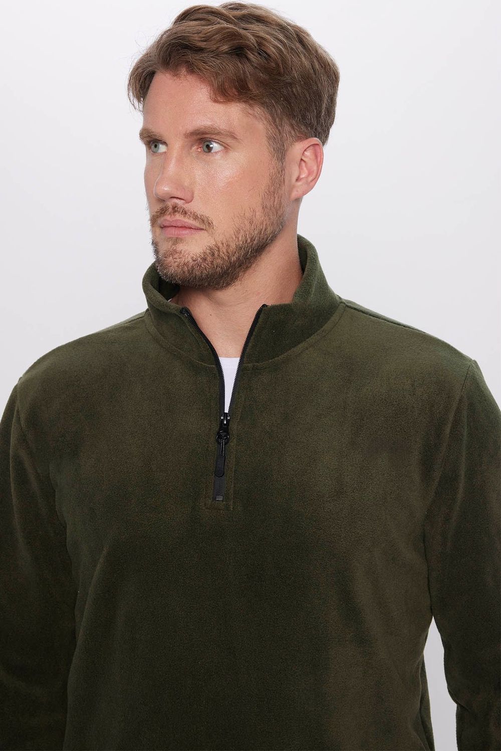 Unisex Standart Fit Rahat Kesim Soğuğa Karşı Dayanıklı Koyu Haki Dik Yaka Polar Sweatshirt