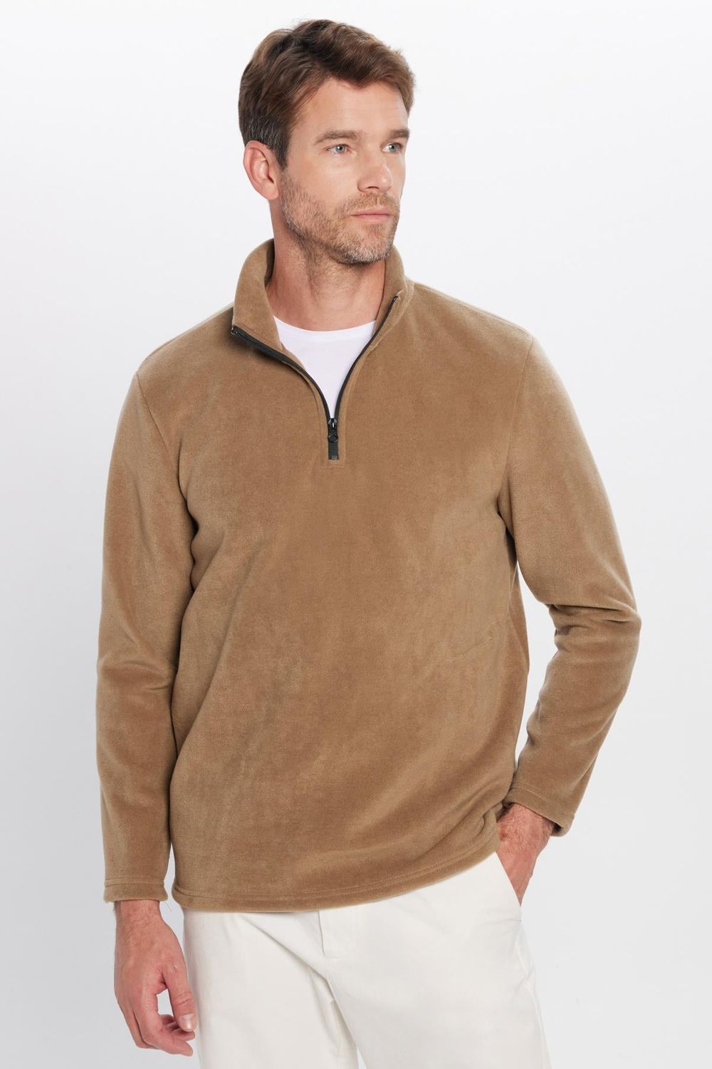 Unisex Standart Fit Rahat Kesim Tüylenme Yapmayan Soğuk Geçirmez Haki Dik Yaka Polar Sweatshirt