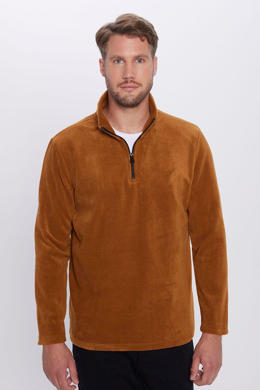 Erkek Dik Yaka Tüylenme Yapmayan Soğuk Geçirmez Standart Fit Rahat Kesim Polar Sweatshirt