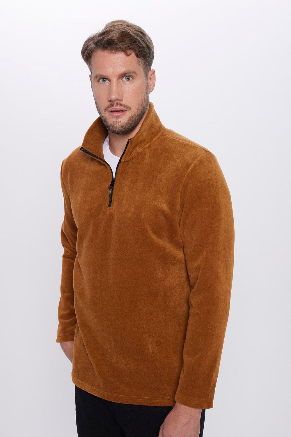 Erkek Dik Yaka Tüylenme Yapmayan Soğuk Geçirmez Standart Fit Rahat Kesim Polar Sweatshirt