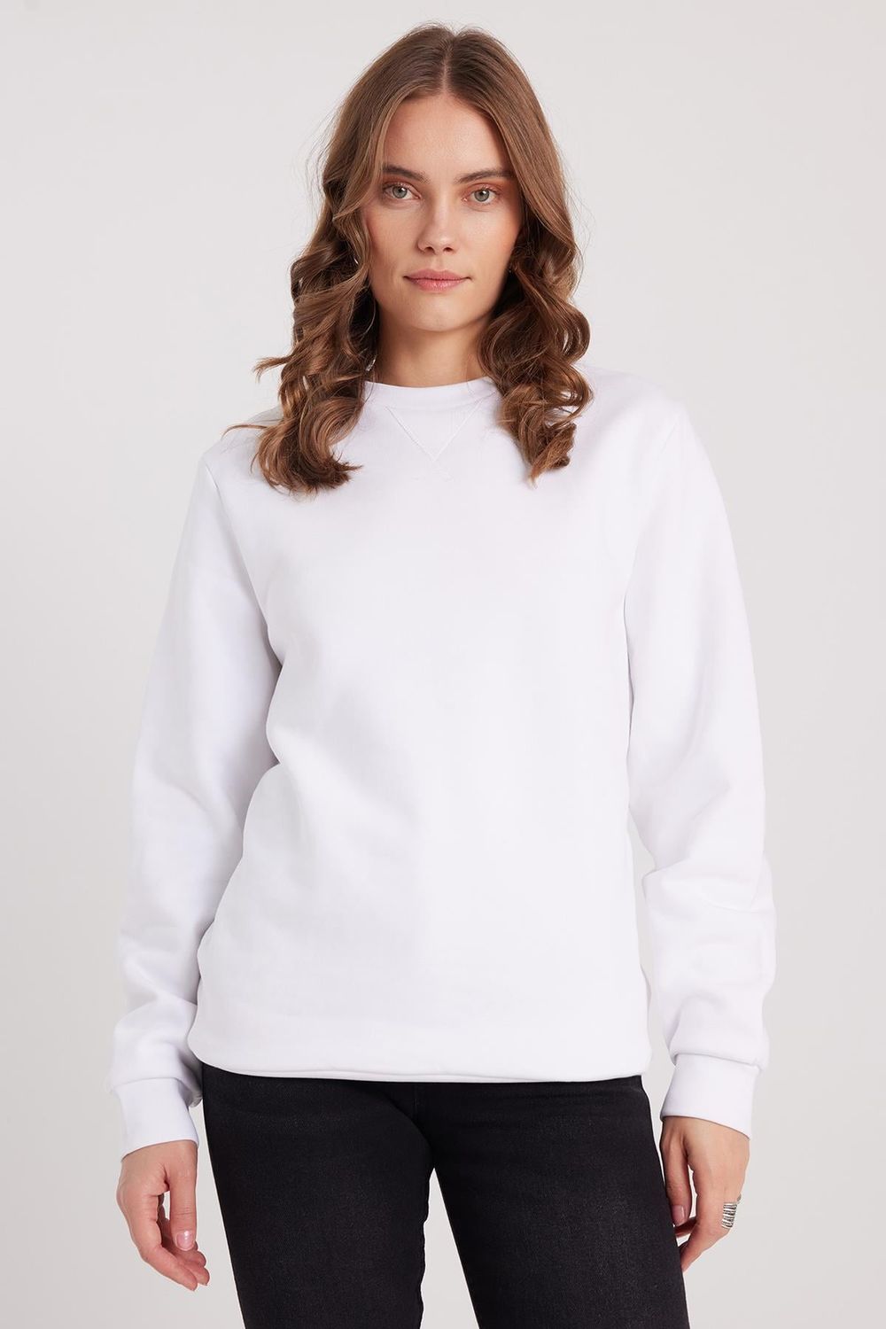Kadın Oversize Geniş Kesim %100 Pamuk Basic Beyaz Bisiklet Yaka Sweatshirt