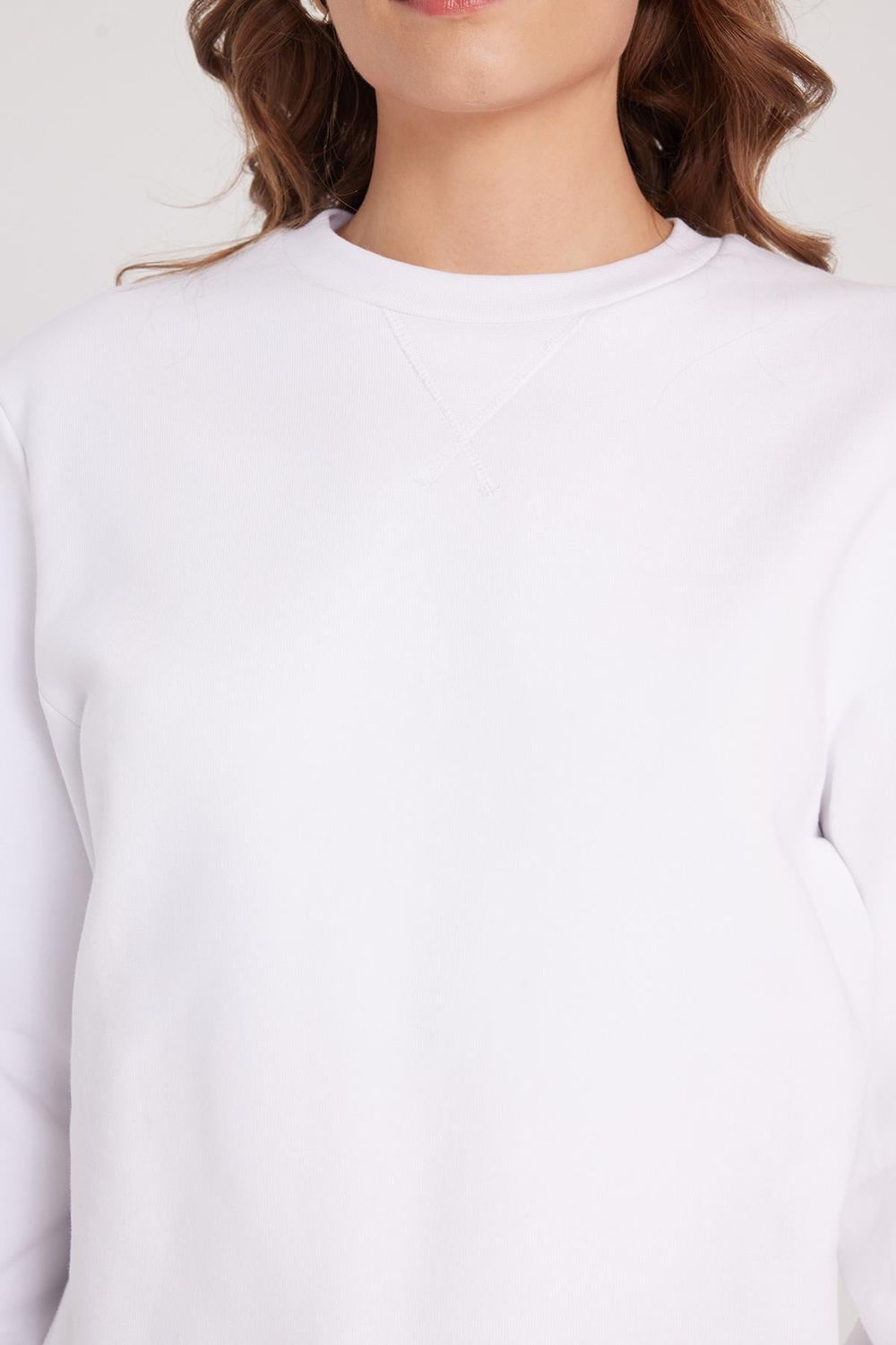 Kadın Oversize Geniş Kesim %100 Pamuk Basic Beyaz Bisiklet Yaka Sweatshirt