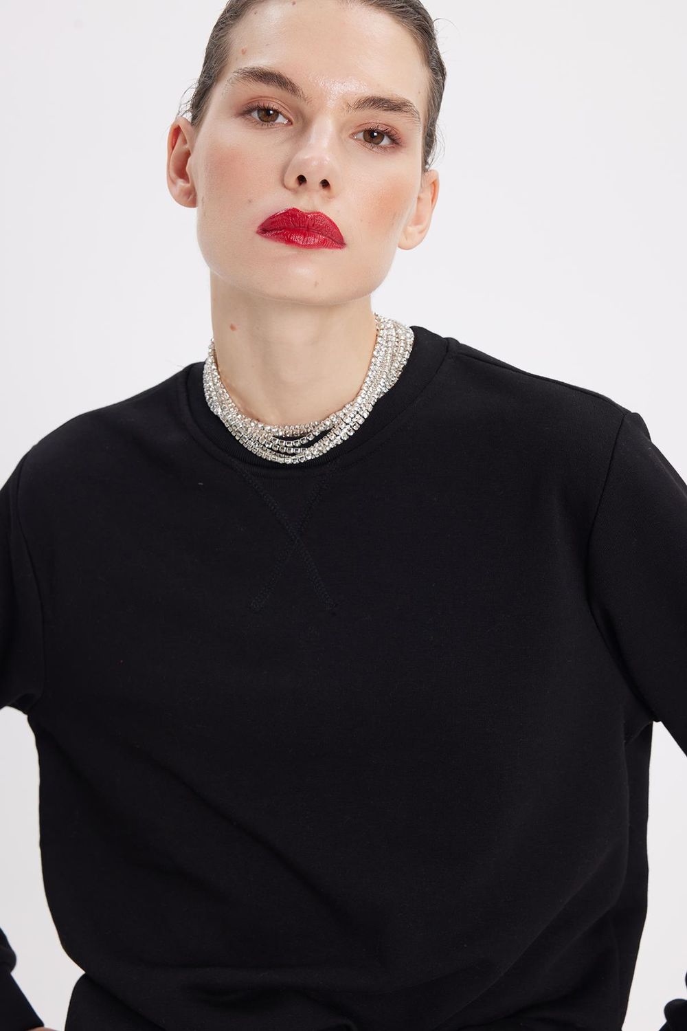 Kadın Oversize Geniş Kesim Pamuk Bisiklet Yaka Basic Sweatshirt