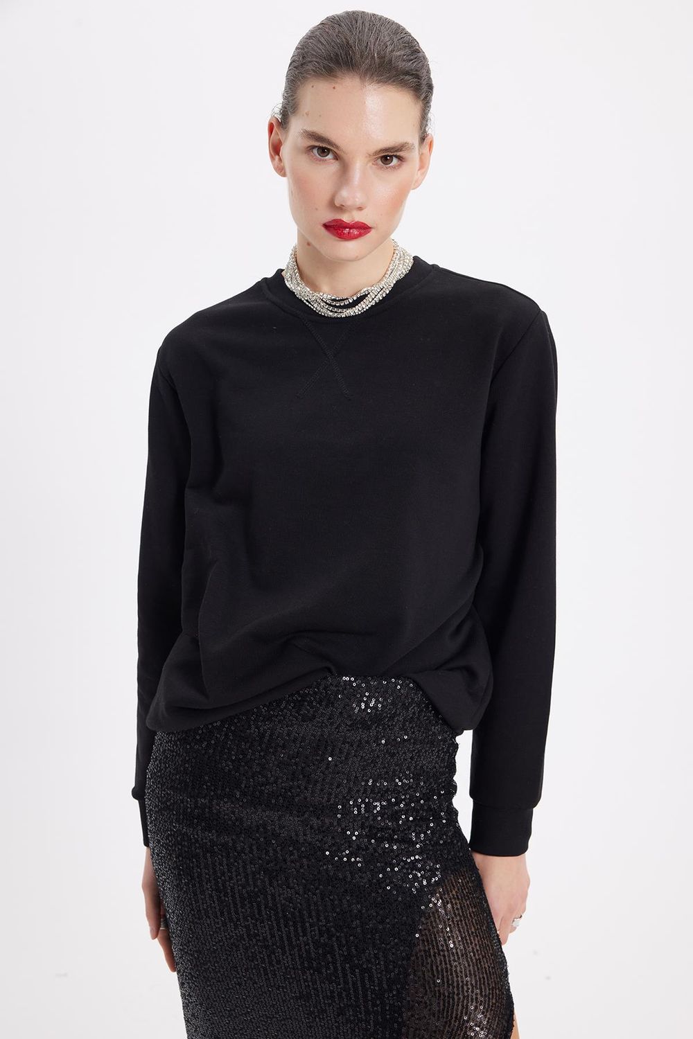 Kadın Oversize Geniş Kesim Pamuk Bisiklet Yaka Basic Sweatshirt
