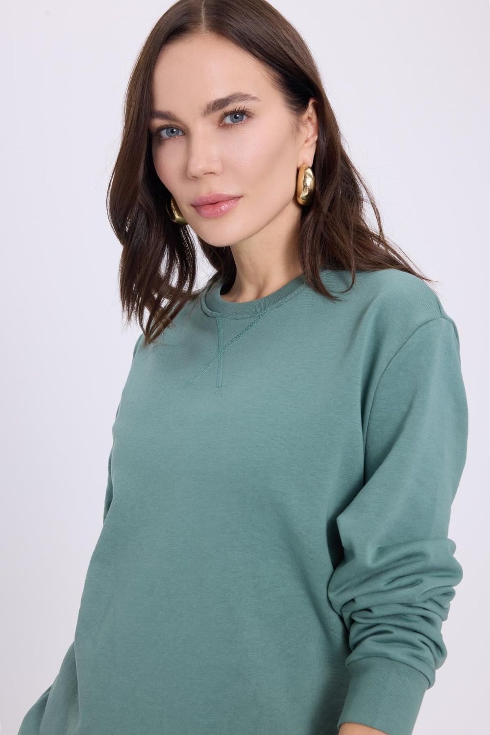 Kadın Oversize Geniş Kesim %100 Pamuk Basic Beyaz Bisiklet Yaka Yeşil Sweatshirt