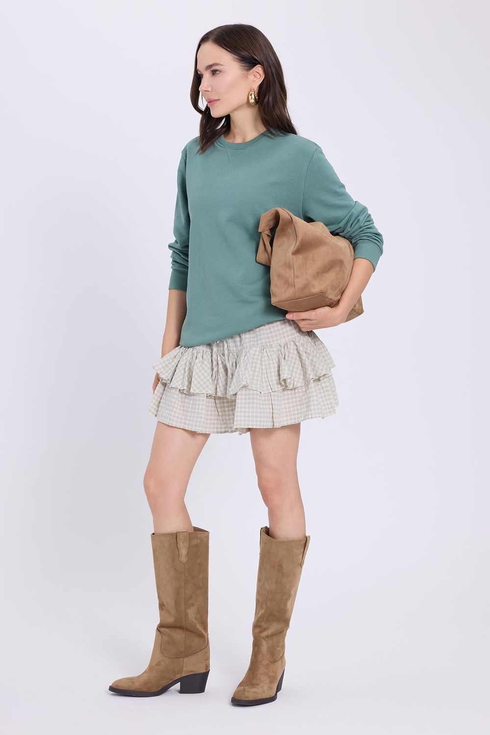 Kadın Oversize Geniş Kesim %100 Pamuk Basic Beyaz Bisiklet Yaka Yeşil Sweatshirt