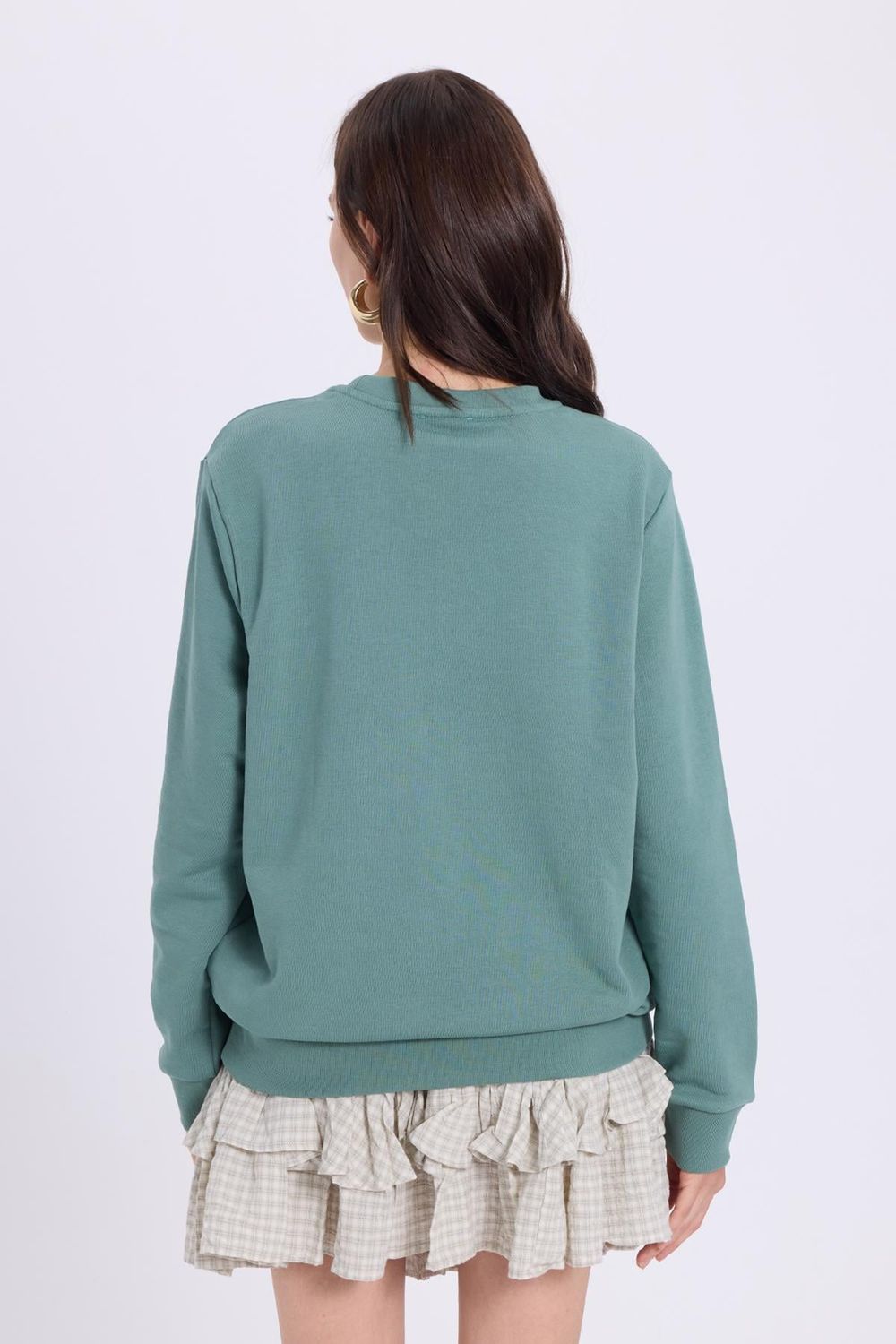 Kadın Oversize Geniş Kesim %100 Pamuk Basic Beyaz Bisiklet Yaka Yeşil Sweatshirt