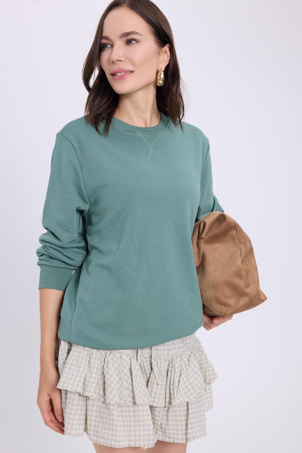 Kadın Oversize Geniş Kesim %100 Pamuk Basic Beyaz Bisiklet Yaka Yeşil Sweatshirt