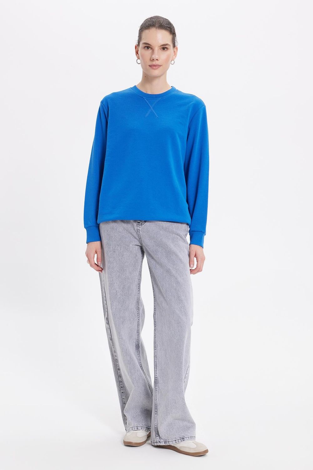 Kadın Oversize Geniş Kesim Pamuk Bisiklet Yaka Basic Sweatshirt