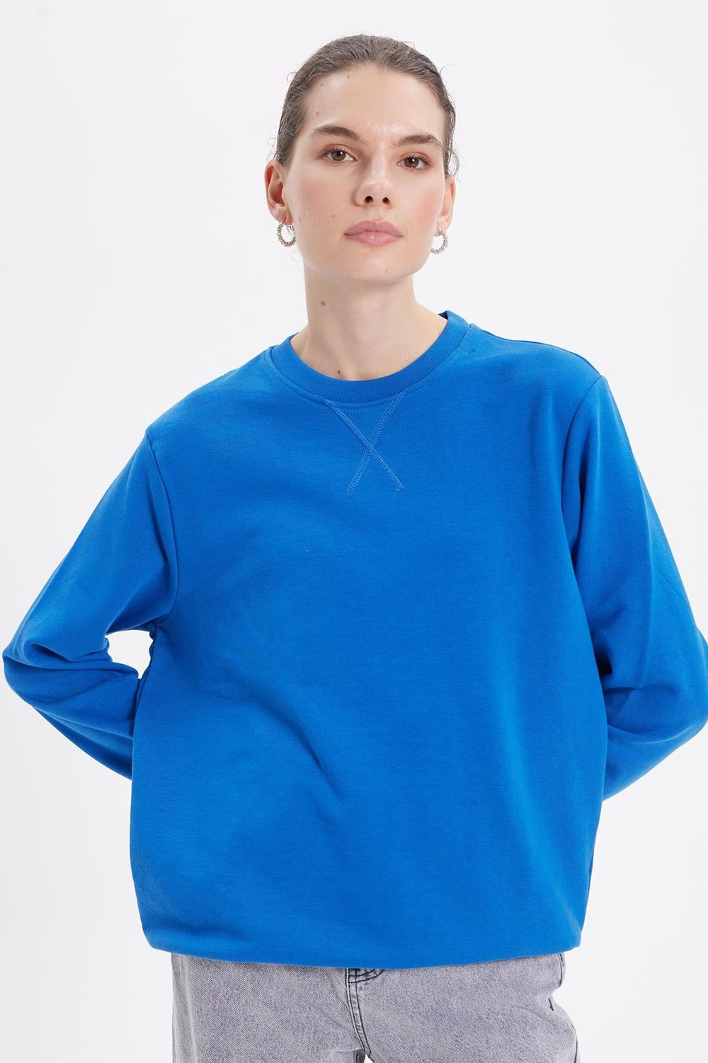 Kadın Oversize Geniş Kesim Pamuk Bisiklet Yaka Basic Sweatshirt