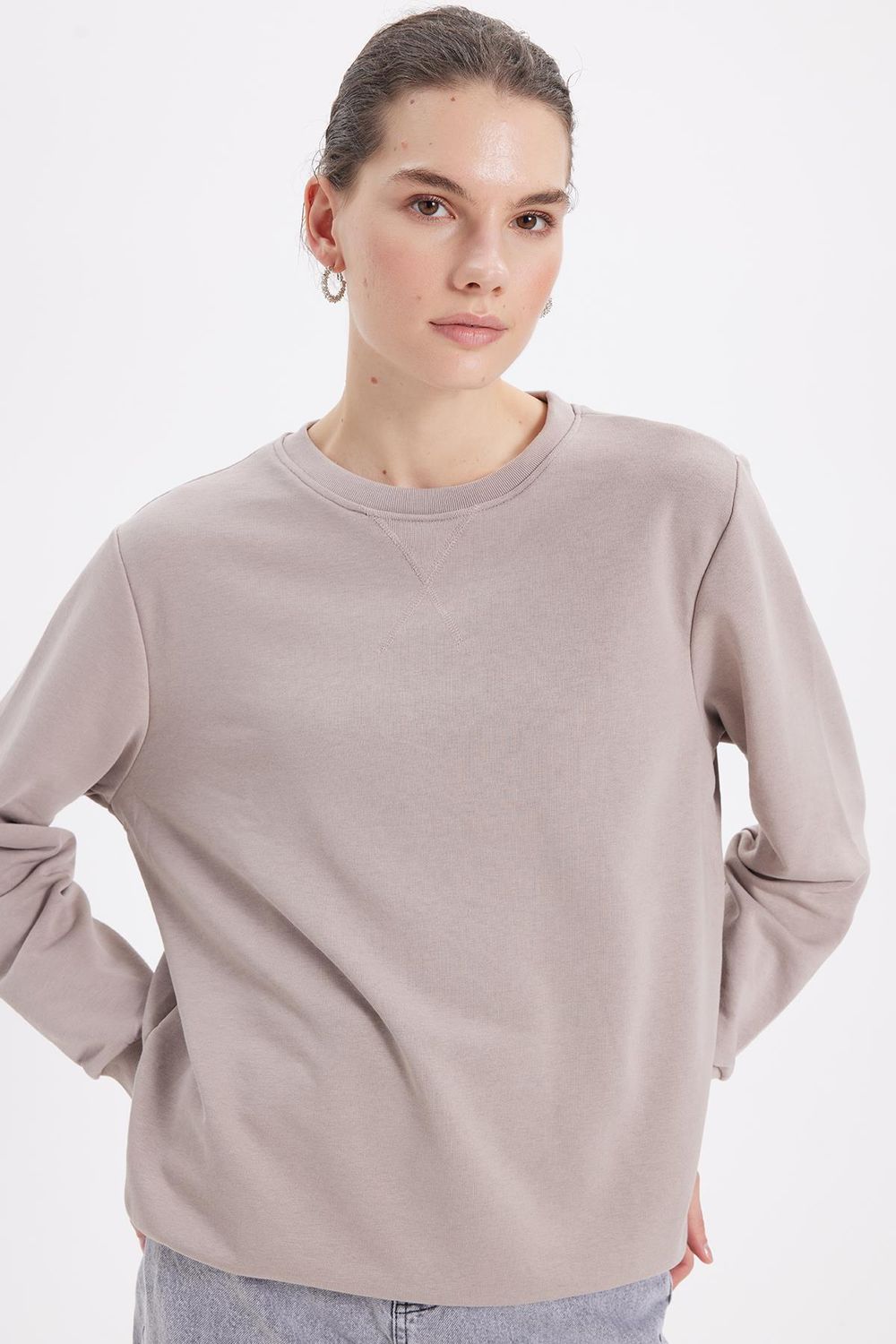 Kadın Oversize Geniş Kesim Pamuk Bisiklet Yaka Basic Sweatshirt