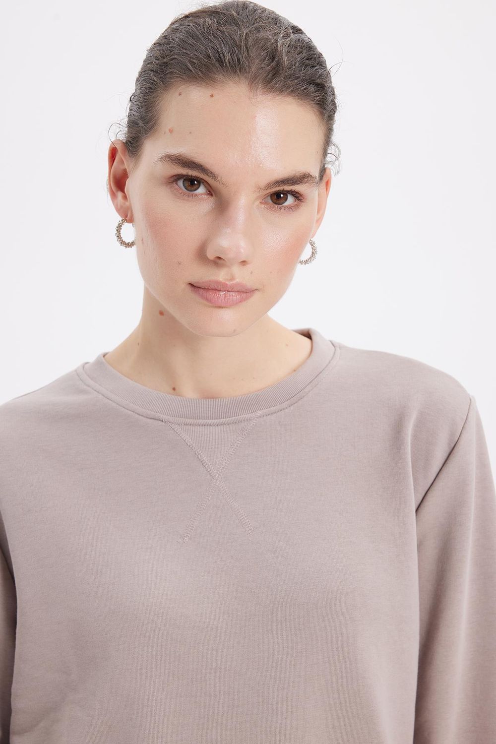 Kadın Oversize Geniş Kesim Pamuk Bisiklet Yaka Basic Sweatshirt