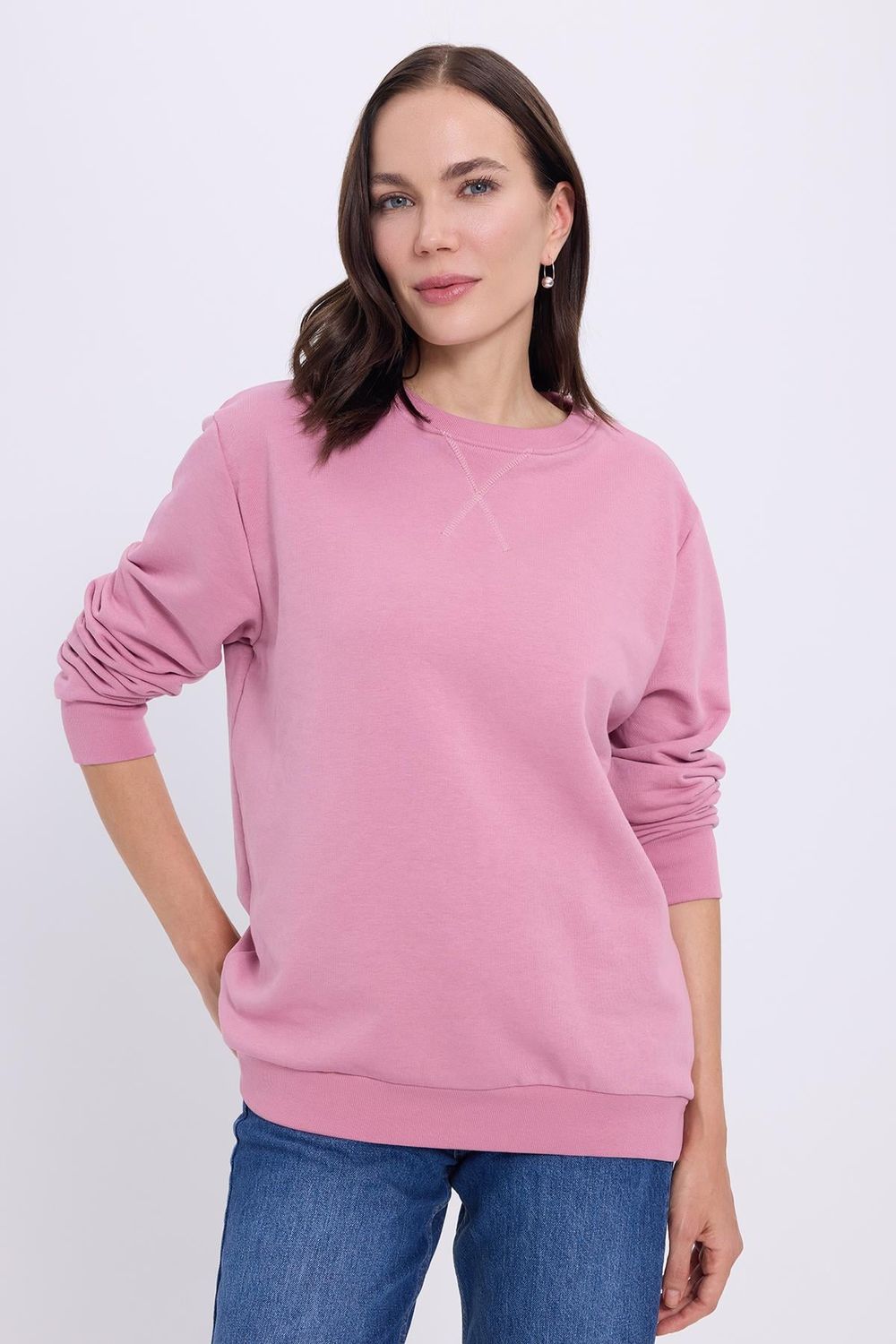 Kadın Oversize Geniş Kesim %100 Pamuk Basic Lila Bisiklet Yaka Sweatshirt