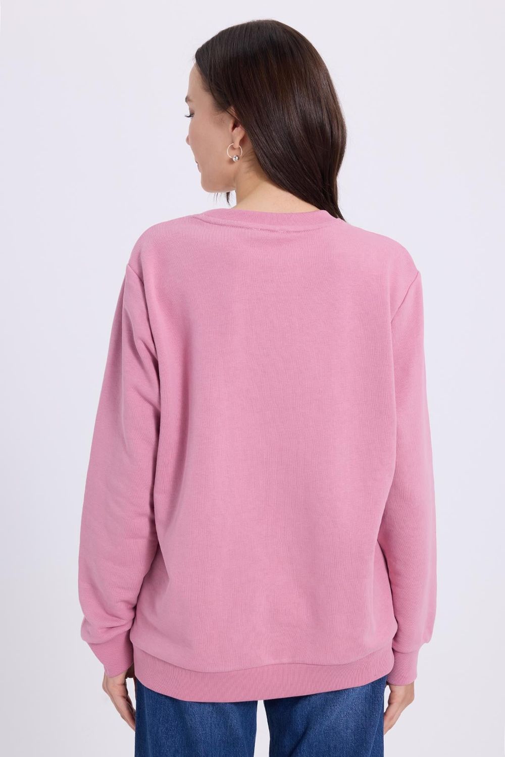 Kadın Oversize Geniş Kesim %100 Pamuk Basic Lila Bisiklet Yaka Sweatshirt