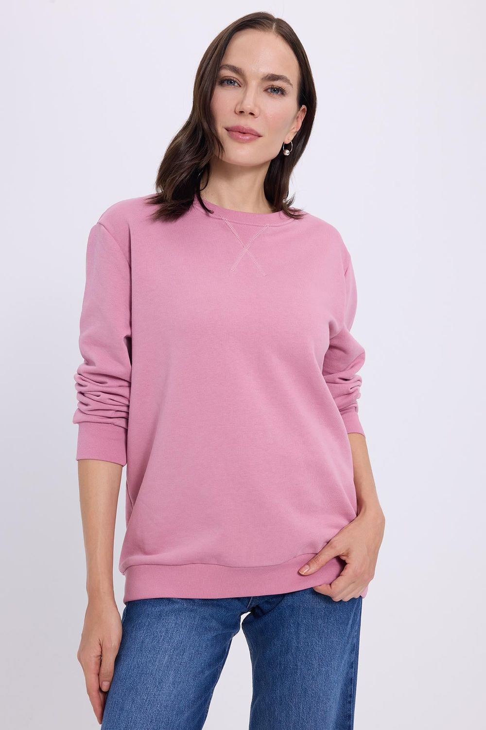 Kadın Oversize Geniş Kesim %100 Pamuk Basic Lila Bisiklet Yaka Sweatshirt