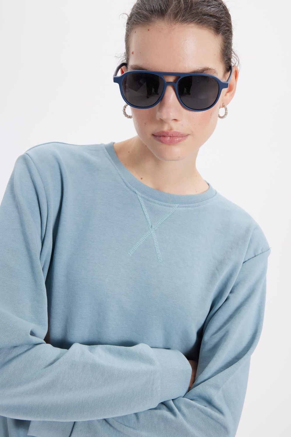 Kadın Oversize Geniş Kesim Pamuk Bisiklet Yaka Basic Sweatshirt