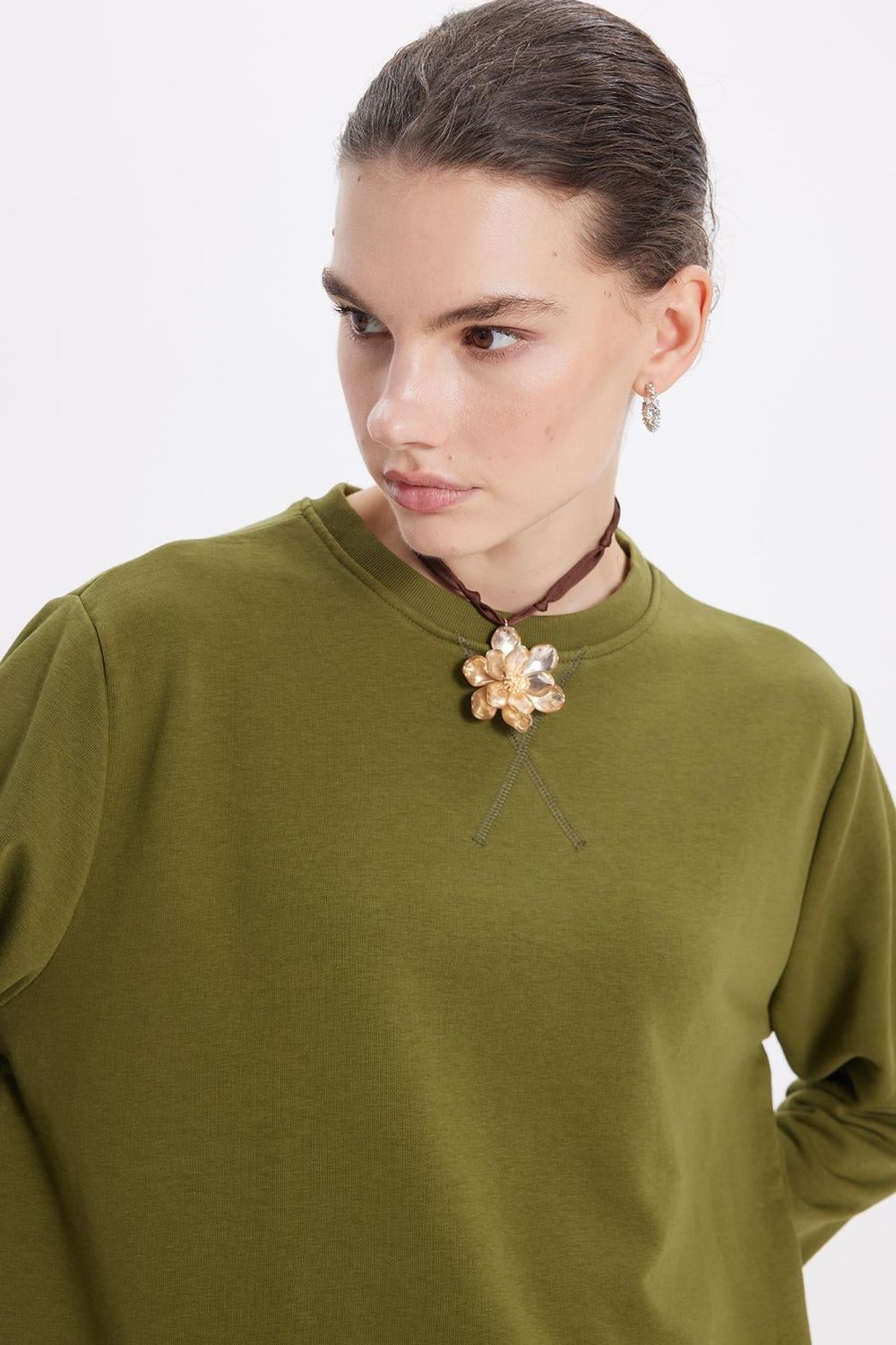 Kadın Oversize Geniş Kesim Pamuk Bisiklet Yaka Basic Sweatshirt
