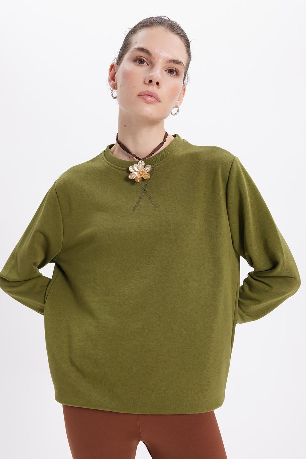 Kadın Oversize Geniş Kesim Pamuk Bisiklet Yaka Basic Sweatshirt