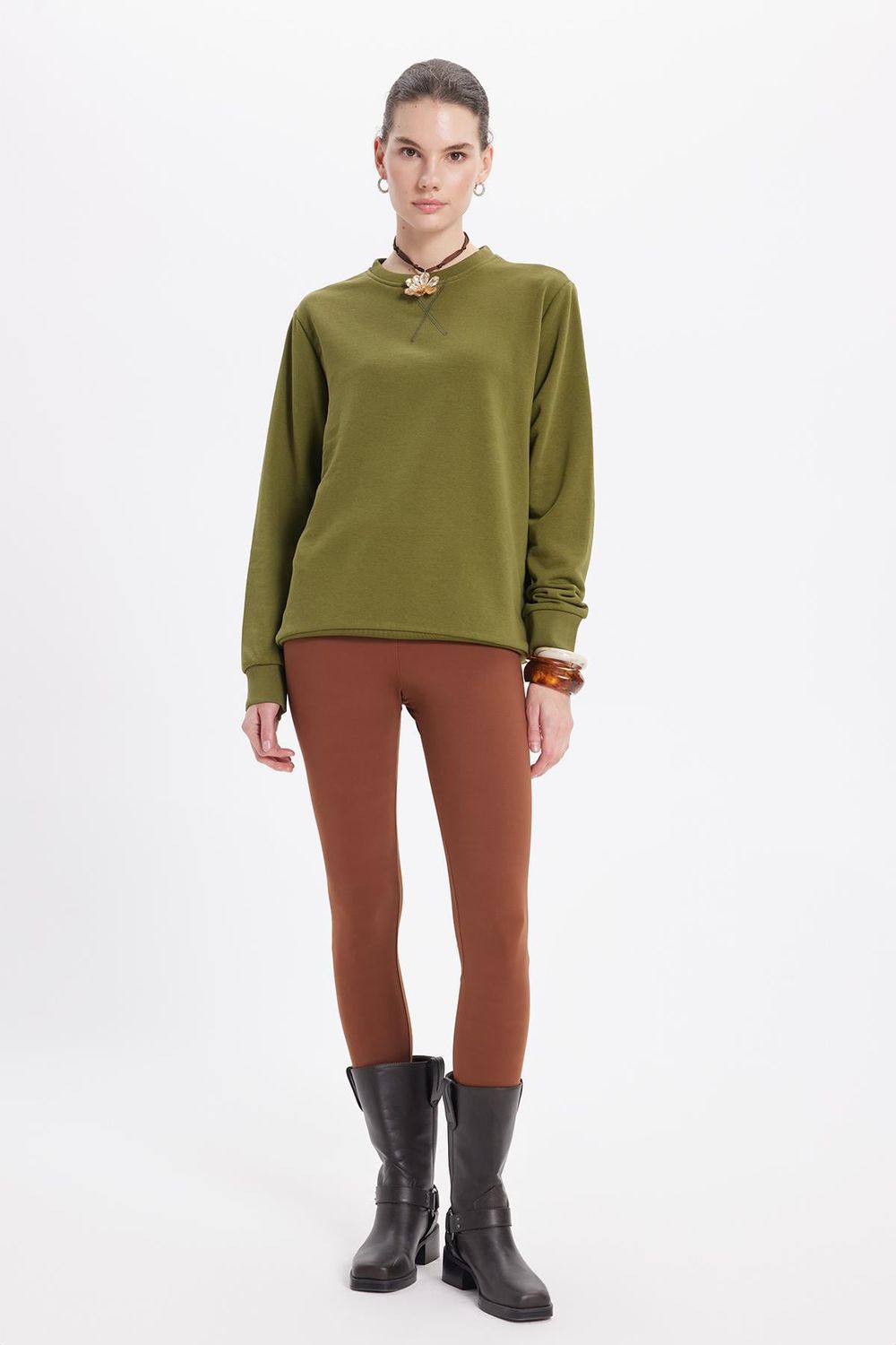 Kadın Oversize Geniş Kesim Pamuk Bisiklet Yaka Basic Sweatshirt