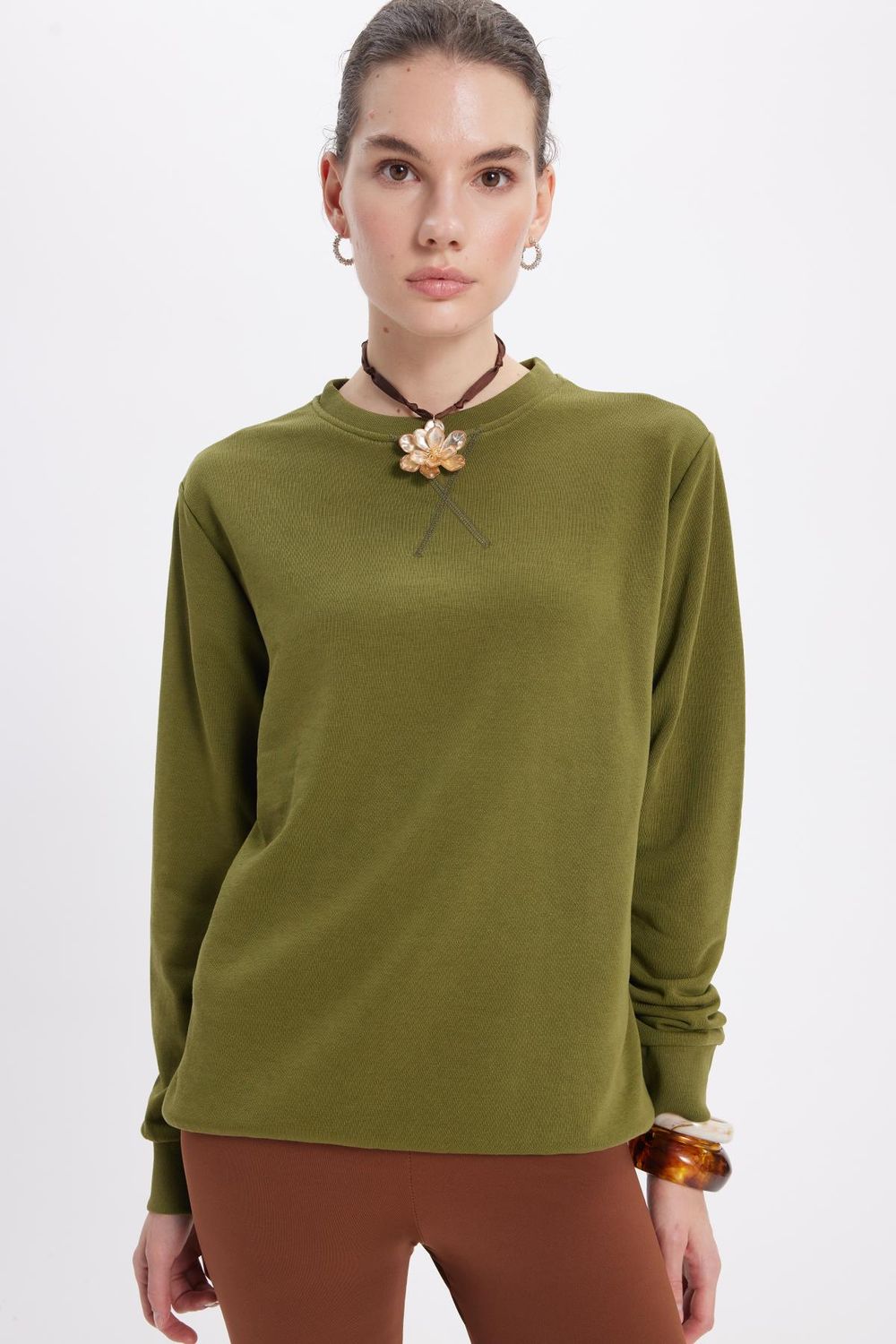 Kadın Oversize Geniş Kesim Pamuk Bisiklet Yaka Basic Sweatshirt