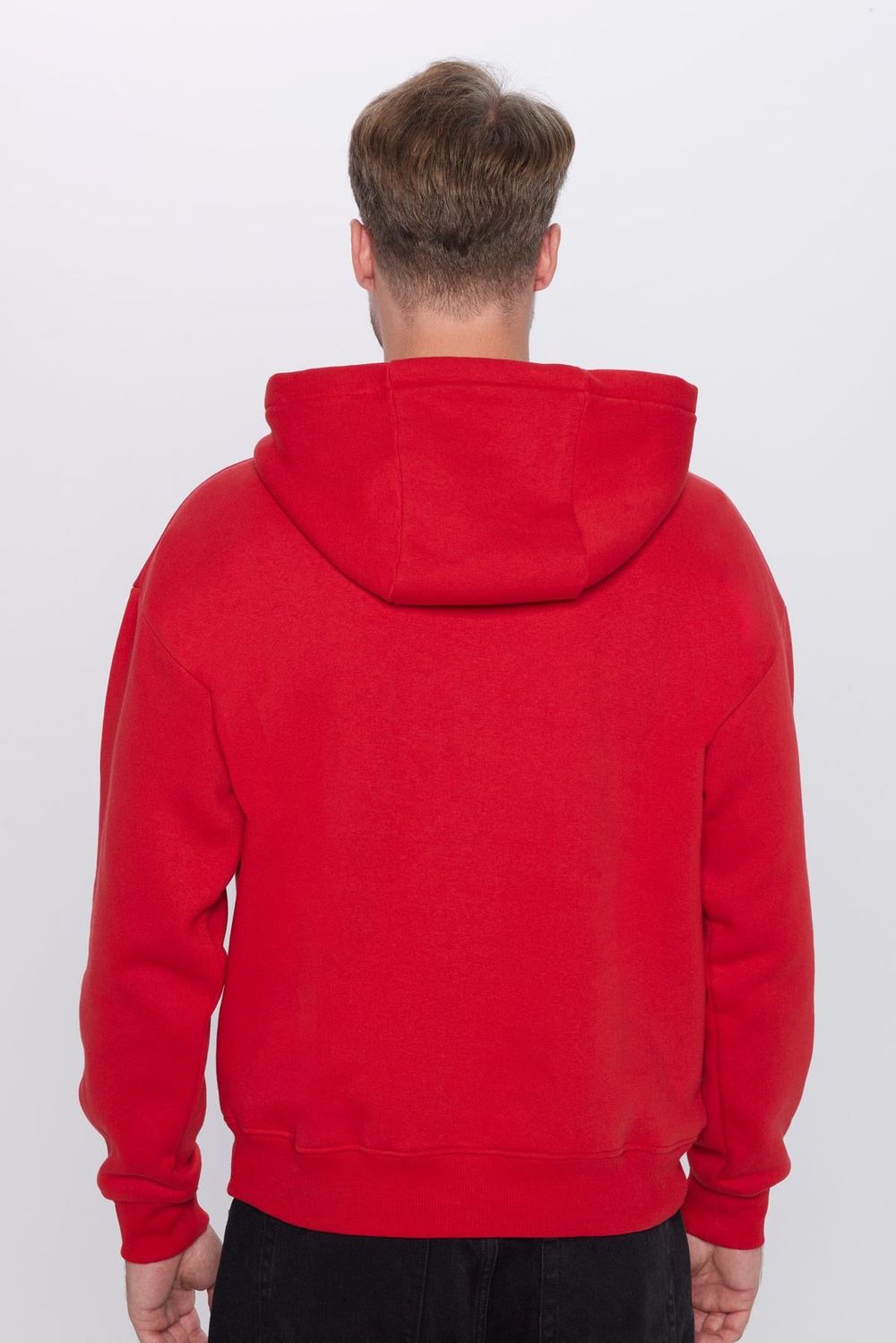 Unisex Oversize Geniş Kesim Pamuklu Yumuşak Dokulu İçi Polarlı Basic Kırmızı Kapüşonlu Sweatshirt