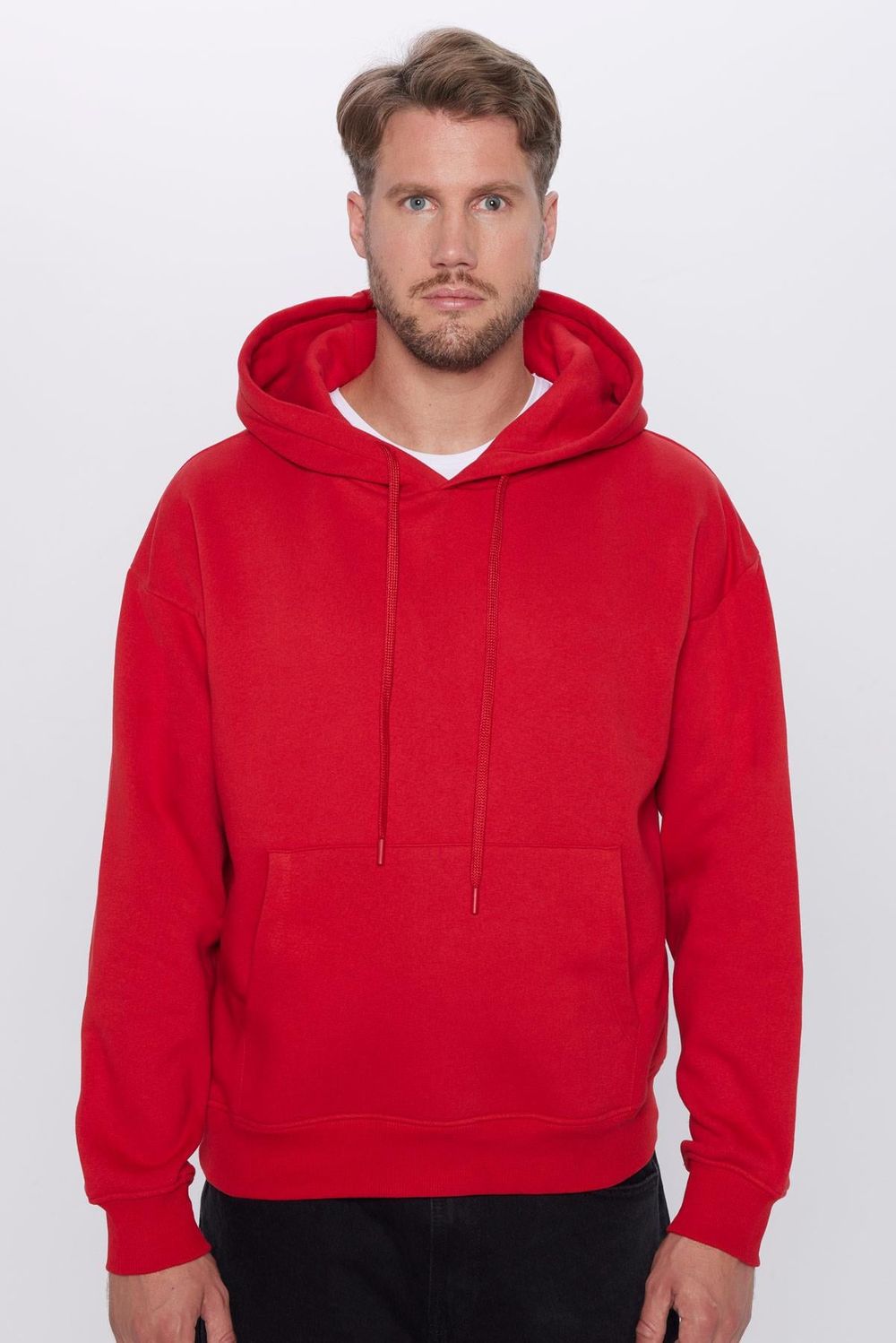 Unisex Oversize Geniş Kesim Pamuklu Yumuşak Dokulu İçi Polarlı Basic Kırmızı Kapüşonlu Sweatshirt