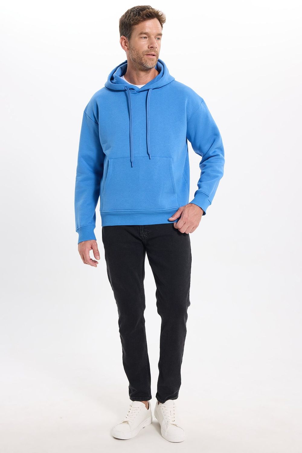 Unisex Oversize Geniş Kesim Pamuklu Yumuşak Dokulu İçi Polarlı Basic Mavi Kapüşonlu Sweatshirt
