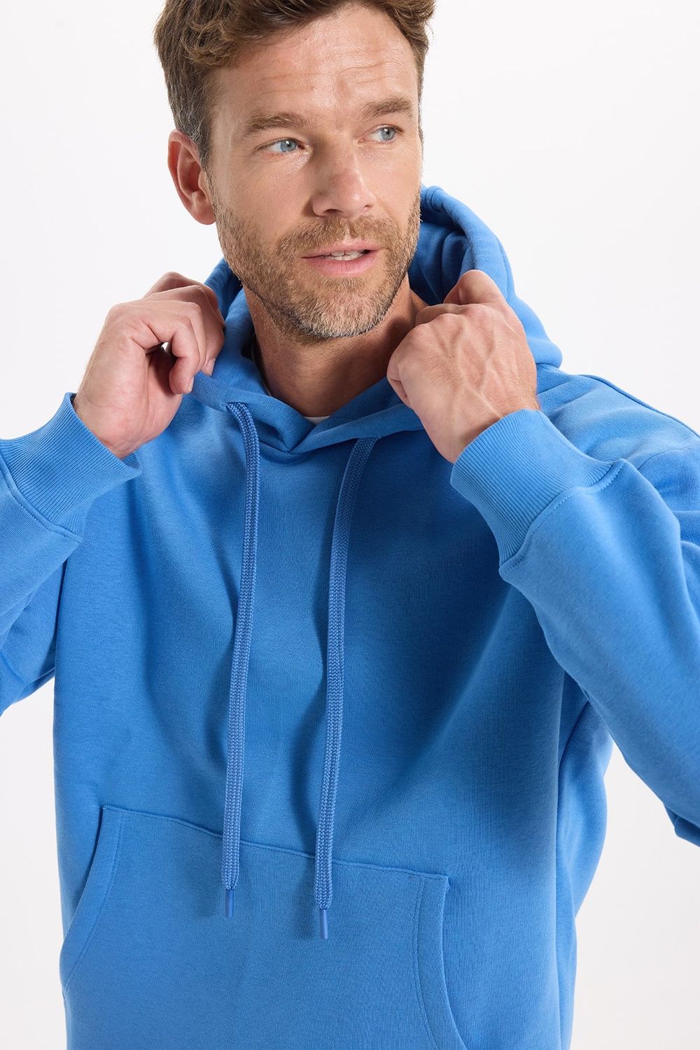 Unisex Oversize Geniş Kesim Pamuklu Yumuşak Dokulu İçi Polarlı Basic Mavi Kapüşonlu Sweatshirt