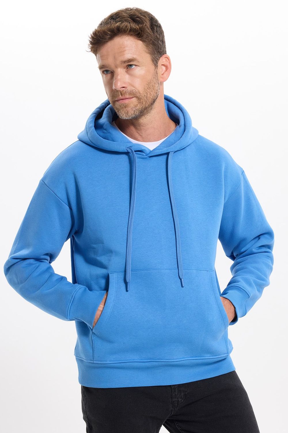 Unisex Oversize Geniş Kesim Pamuklu Yumuşak Dokulu İçi Polarlı Basic Mavi Kapüşonlu Sweatshirt