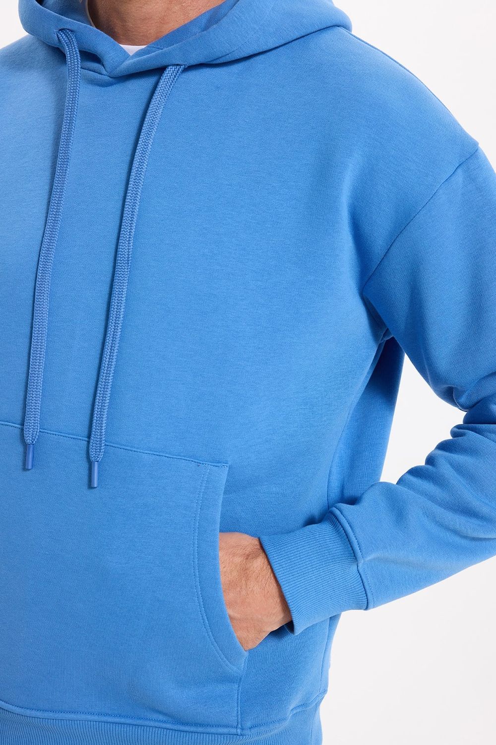 Unisex Oversize Geniş Kesim Pamuklu Yumuşak Dokulu İçi Polarlı Basic Mavi Kapüşonlu Sweatshirt