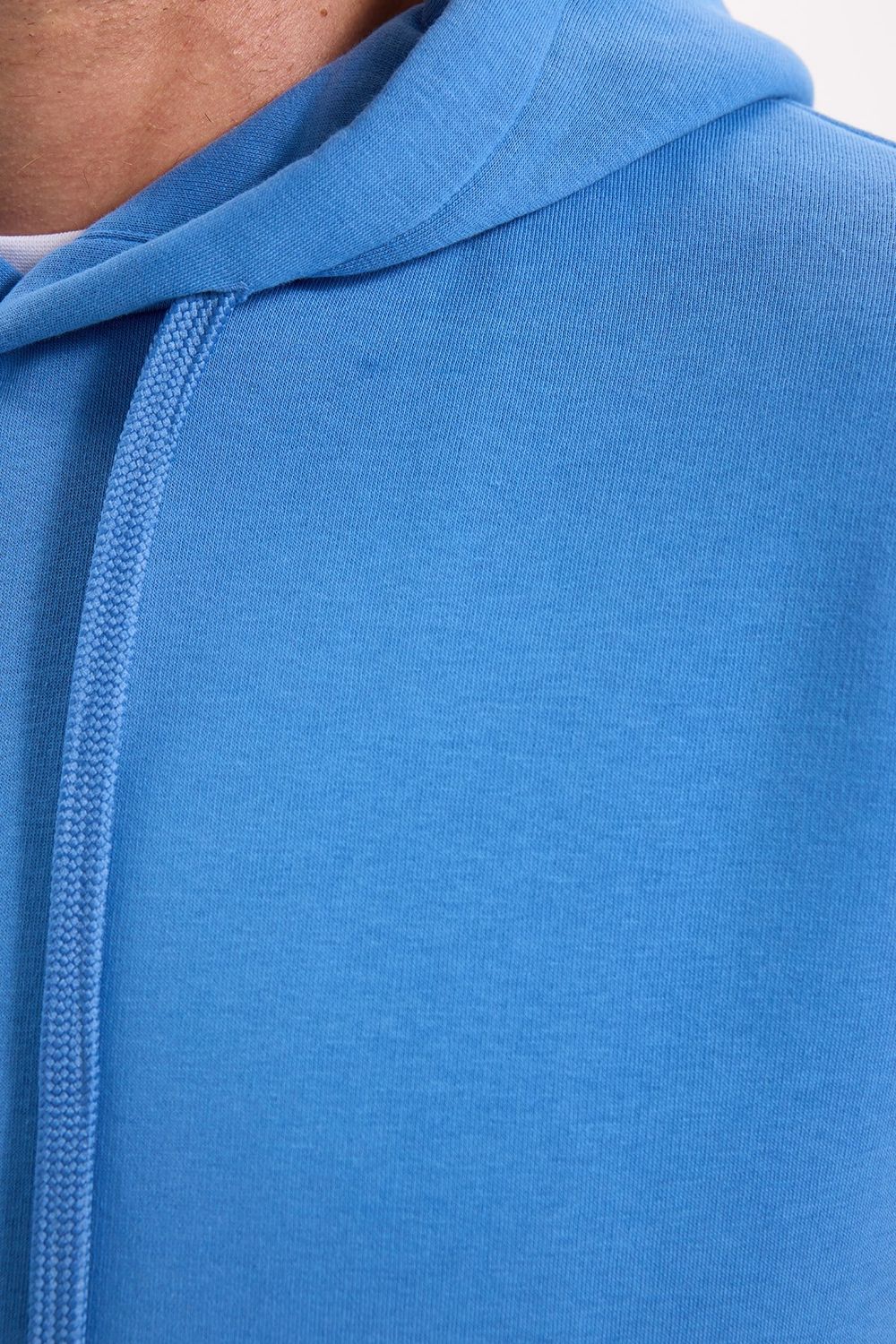 Unisex Oversize Geniş Kesim Pamuklu Yumuşak Dokulu İçi Polarlı Basic Mavi Kapüşonlu Sweatshirt