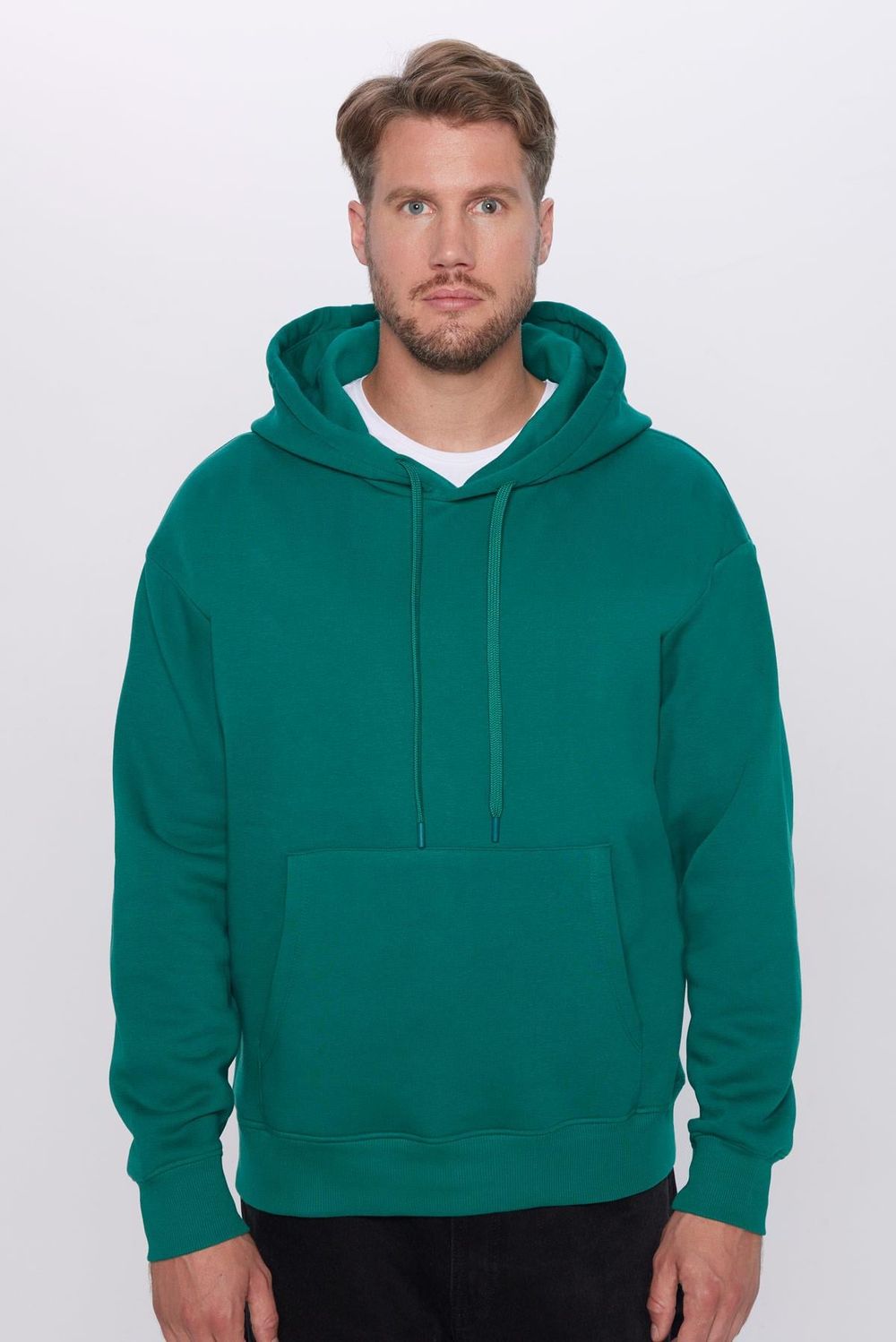 Unisex Oversize Geniş Kesim Pamuklu Yumuşak Dokulu İçi Polarlı Basic Yeşil Kapüşonlu Sweatshirt