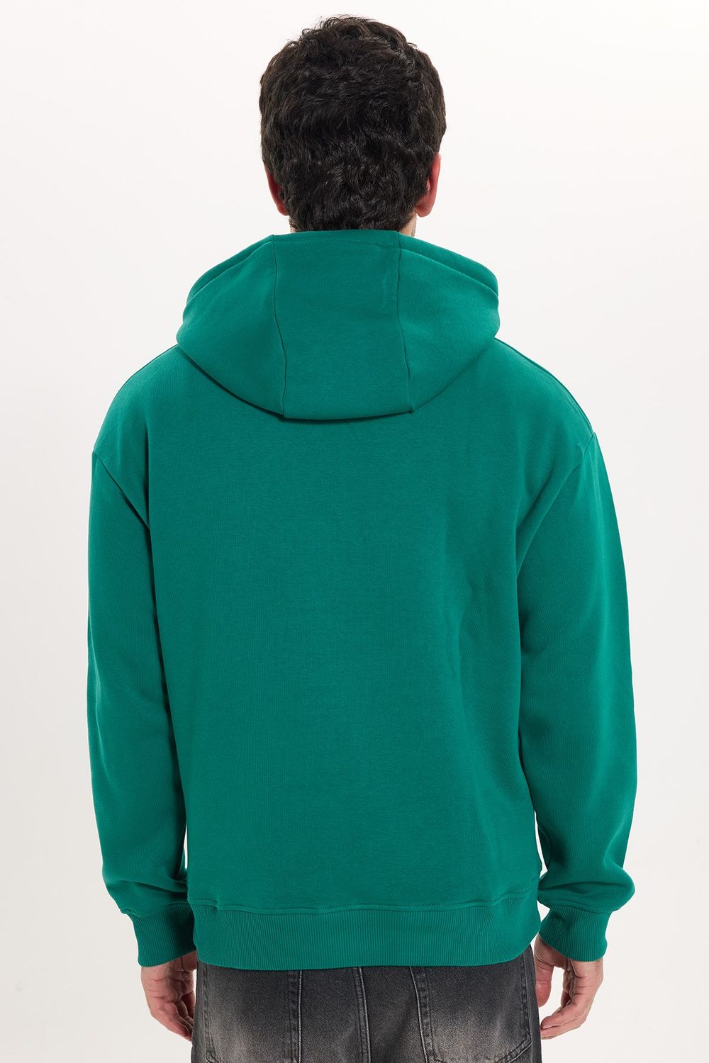 Unisex Oversize Geniş Kesim Pamuklu Yumuşak Dokulu İçi Polarlı Basic Yeşil Kapüşonlu Sweatshirt