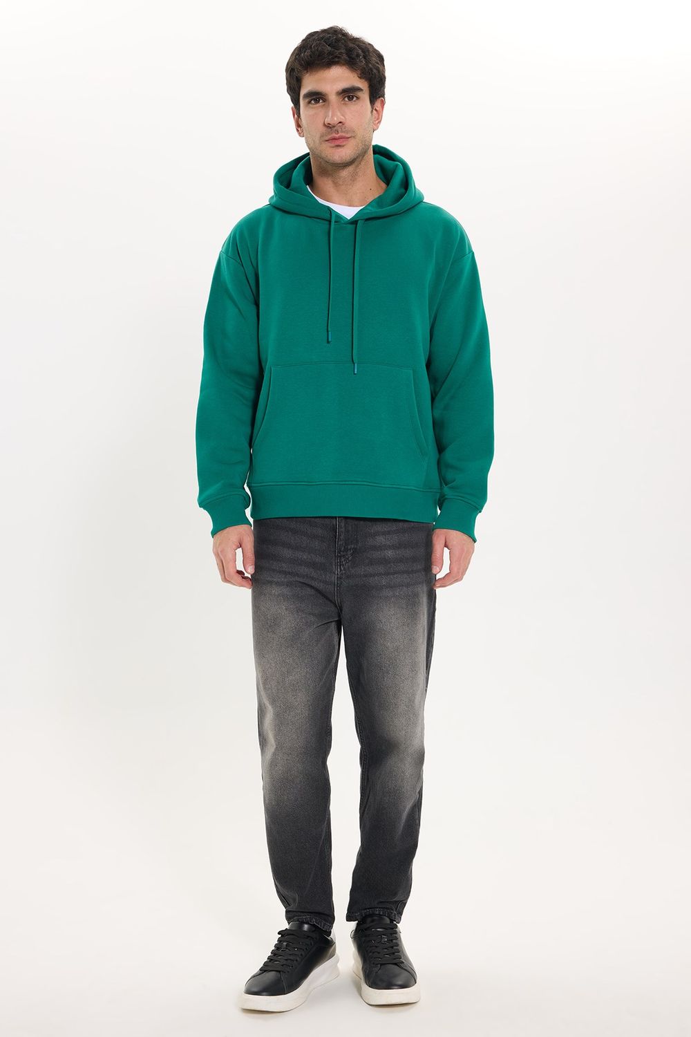 Unisex Oversize Geniş Kesim Pamuklu Yumuşak Dokulu İçi Polarlı Basic Yeşil Kapüşonlu Sweatshirt