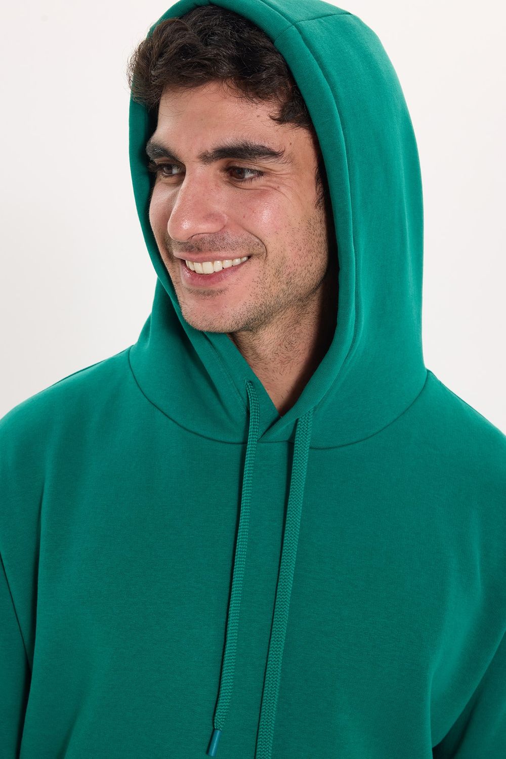 Unisex Oversize Geniş Kesim Pamuklu Yumuşak Dokulu İçi Polarlı Basic Yeşil Kapüşonlu Sweatshirt