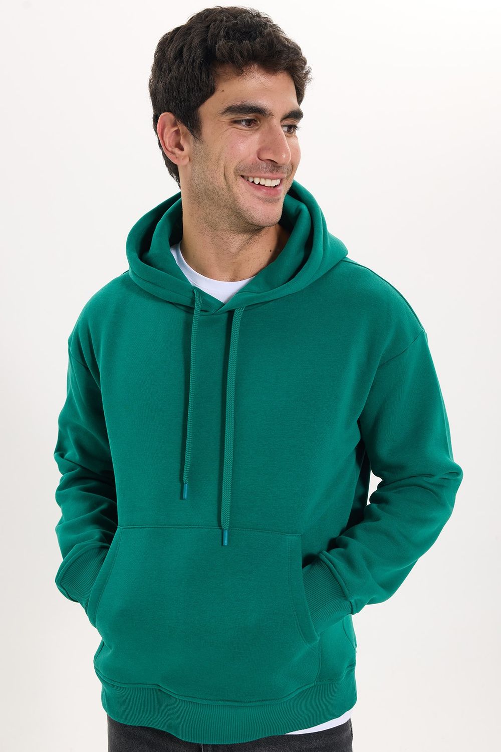 Unisex Oversize Geniş Kesim Pamuklu Yumuşak Dokulu İçi Polarlı Basic Yeşil Kapüşonlu Sweatshirt