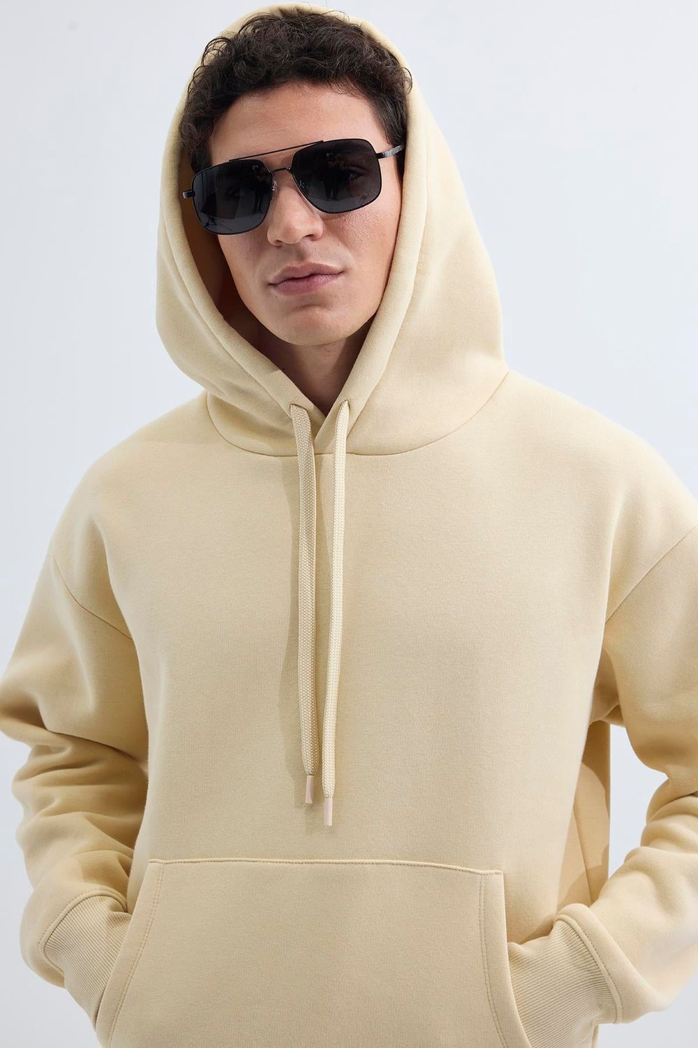 Unisex Oversize Geniş Kesim Pamuklu Yumuşak Dokulu İçi Polarlı Basic Bej Kapüşonlu Sweatshirt