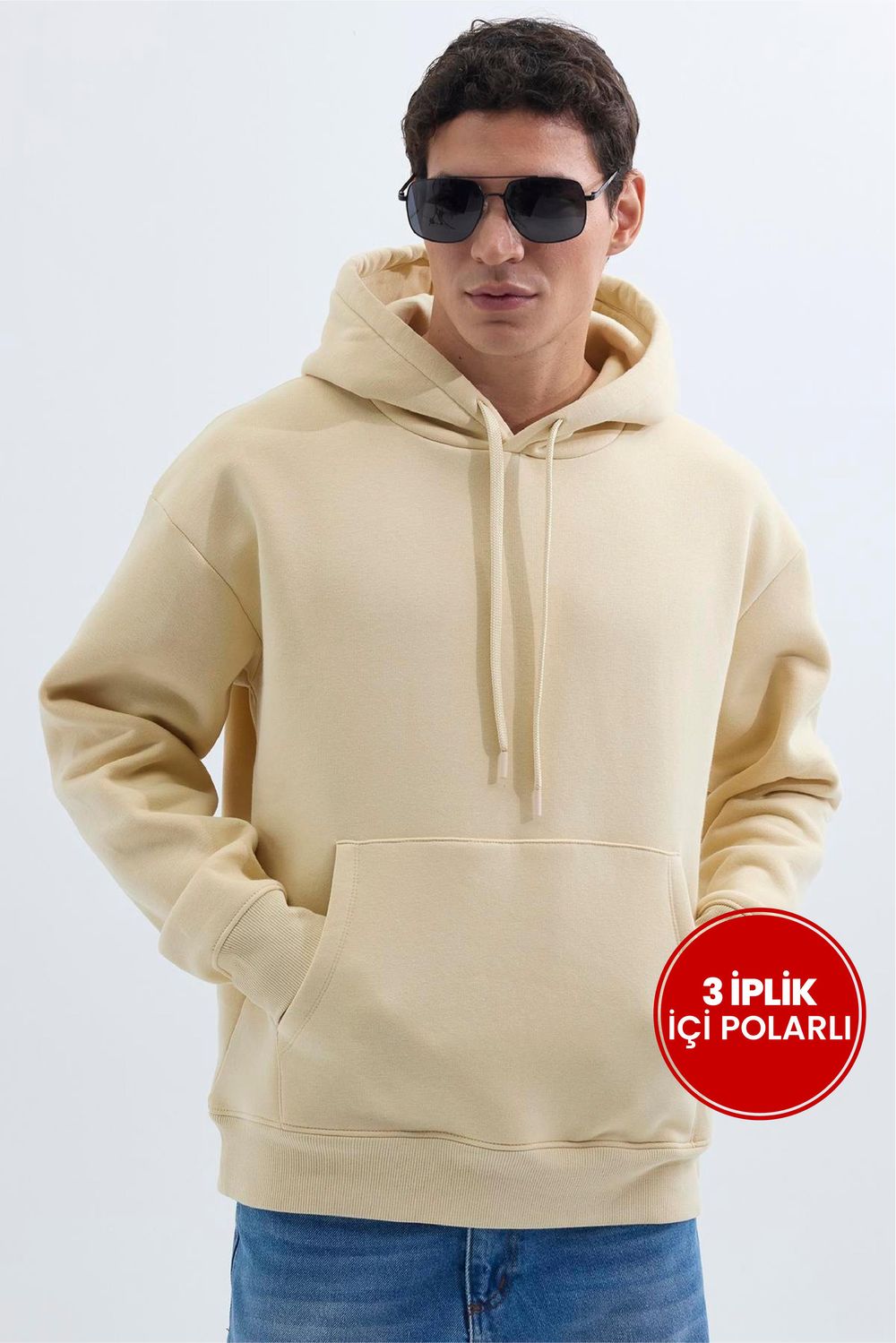 Unisex Oversize Geniş Kesim Pamuklu Yumuşak Dokulu İçi Polarlı Basic Bej Kapüşonlu Sweatshirt