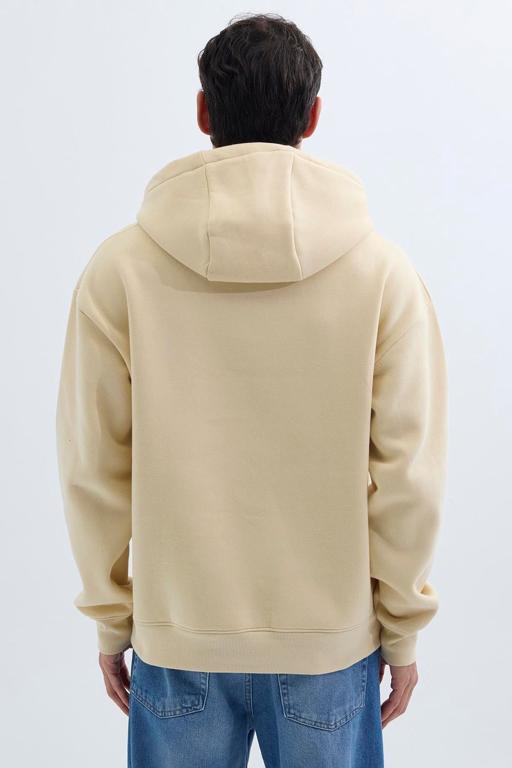 Unisex Oversize Geniş Kesim Pamuklu Yumuşak Dokulu İçi Polarlı Basic Bej Kapüşonlu Sweatshirt