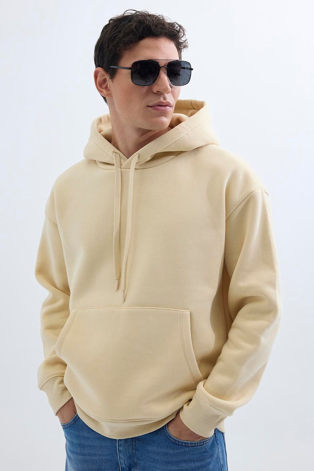 Unisex Oversize Geniş Kesim Pamuklu Yumuşak Dokulu İçi Polarlı Basic Bej Kapüşonlu Sweatshirt